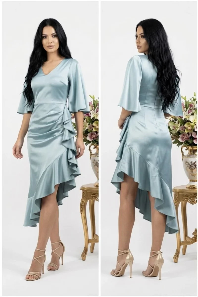 Rochie eleganta midi aqua asimetrica