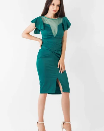 Rochie Moze verde conica prevazuta cu pliuri la talie