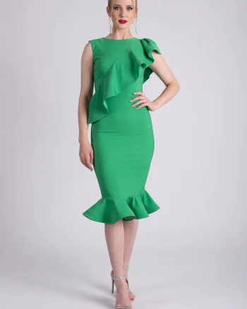 Rochie eleganta verde cu volane