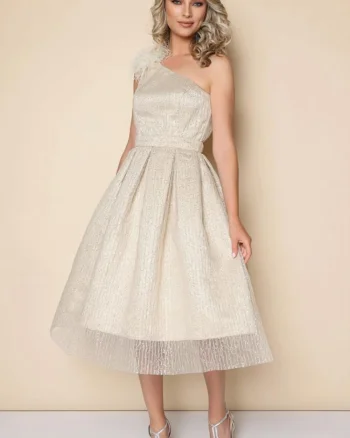 Rochie eleganta ivoire in clos cu fulgi pe umar si insertie de sclipici fin