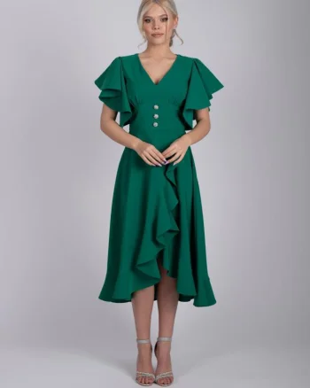 Rochie LaDonna verde cu volane si slit