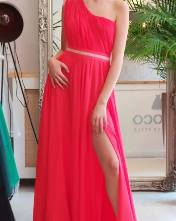 Rochie de ocazie lunga din voal rosu corai