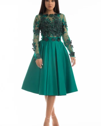Rochie de ocazie verde din tafta cu partea superioara din broderie cu flori 3D