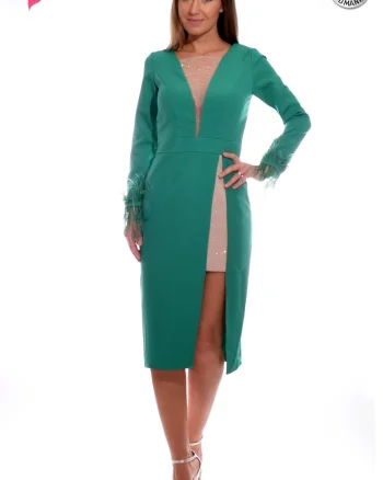 Rochie de ocazie conica verde cu pene