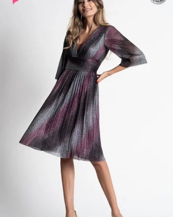 Rochie Xara de ocazie din lurex plisat gri cu roz