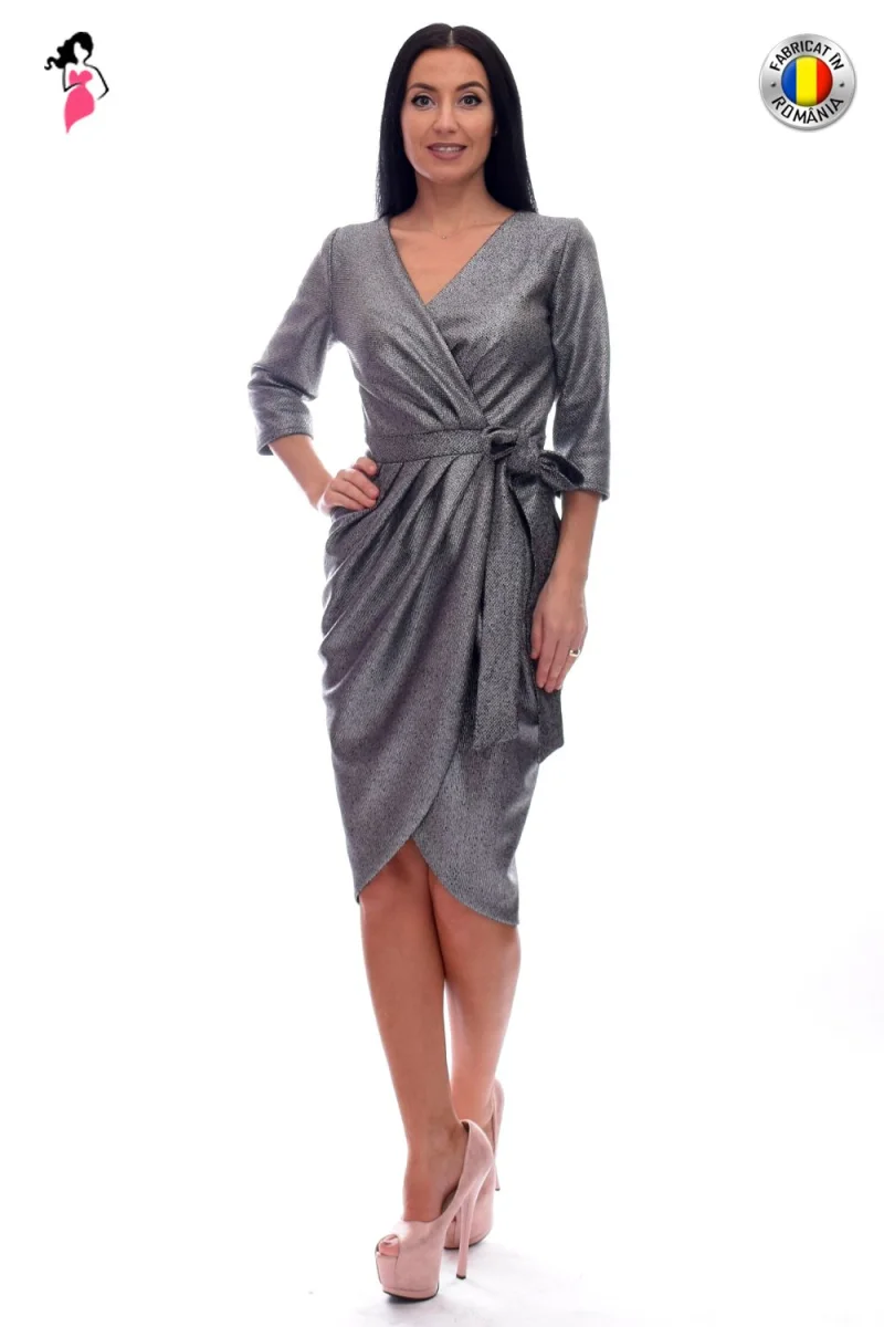 Rochie de seara cu falduri in laterale din material de culoare metalica