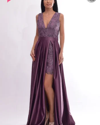 Rochie de seara din tafta lila cu broderie in partea superioara