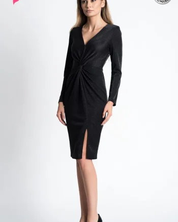 Rochie Xara de ocazie conica cu nod in talie si slit pe picior