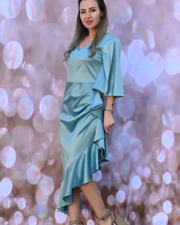 Rochie eleganta conica din tafta cu volane si pense in zona talie