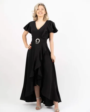 Rochie eleganta neagra asimetrica cu volane si slit