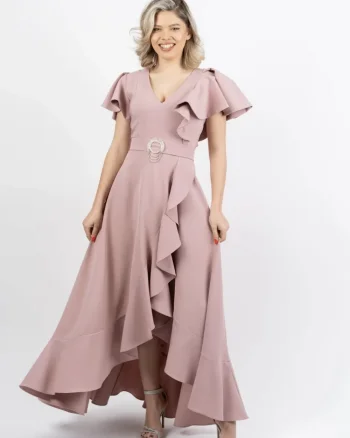 Rochie eleganta asimetrica roz pudra cu maneca scurta