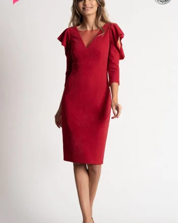 Rochie Xara de ocazie rosie cu fir metalic in tesatura de lungime midi