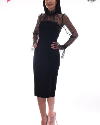 Rochie de ocazie conica midi din catifea cu maneci transparente din dantela