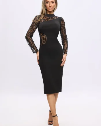 Rochie eleganta neagra midi cu maneci din dantela si spatele gol