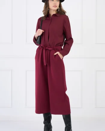 Pantaloni smart-casual din stofa bordo evazati cu buzunare si cordon