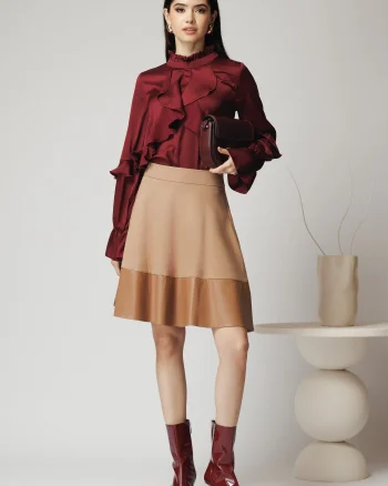 Fusta Dy Fashion office din stofa bej cu insertie din piele ecologica la baza