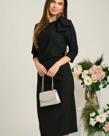 Rochie LaDonna eleganta din stofa neagra cu funda maxi pe umar si fronseu in talie