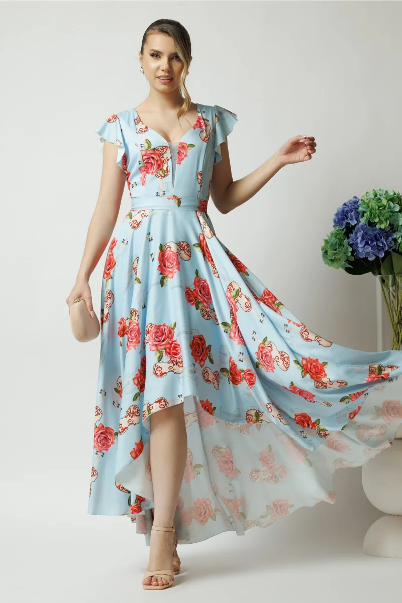 Rochie eleganta lunga din tafta bleu cu imprimeu si cordon in talie