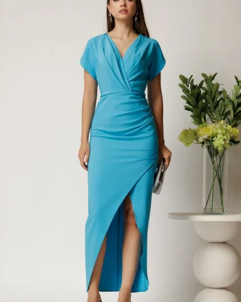 Rochie lunga bleu din stofa cu fronseu si crapatura pe fusta