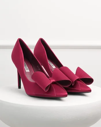 Pantofi bordo din material satinat cu funda maxi pe varf
