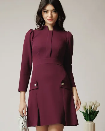 Rochie Moze office din stofa mov pruna cu nasturi pe fusta