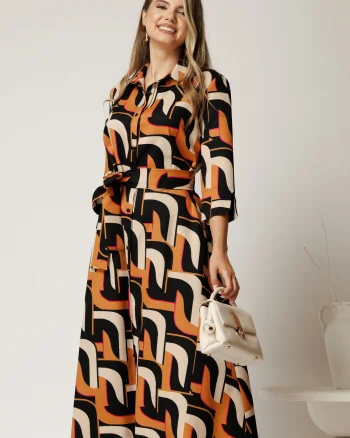 Rochie midi tip camasa maro cu imprimeuri negre si cordon in talie