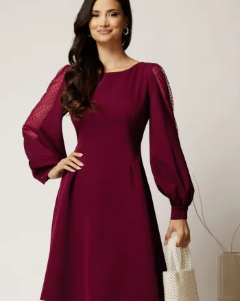 Rochie DY Fashion scurta magenta din stofa in clini cu maneci din tull cu buline