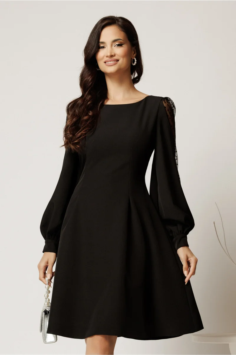 Rochie DY Fashion scurta neagra din stofa in clini cu maneci din tull cu buline