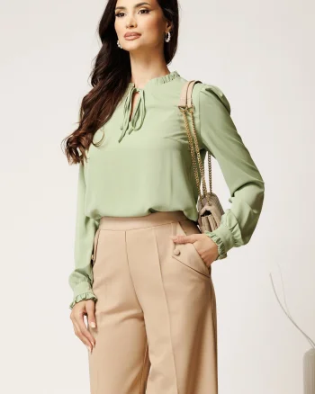 Camasa DY Fashion verde mint din voal cu guler incretit