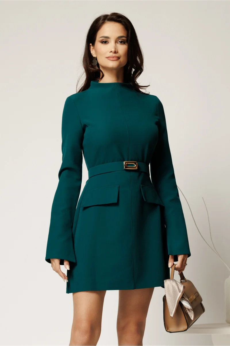 Rochie scurta verde din stofa cu clapete tip buzunare si curea in talie