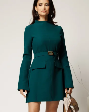 Rochie scurta verde din stofa cu clapete tip buzunare si curea in talie