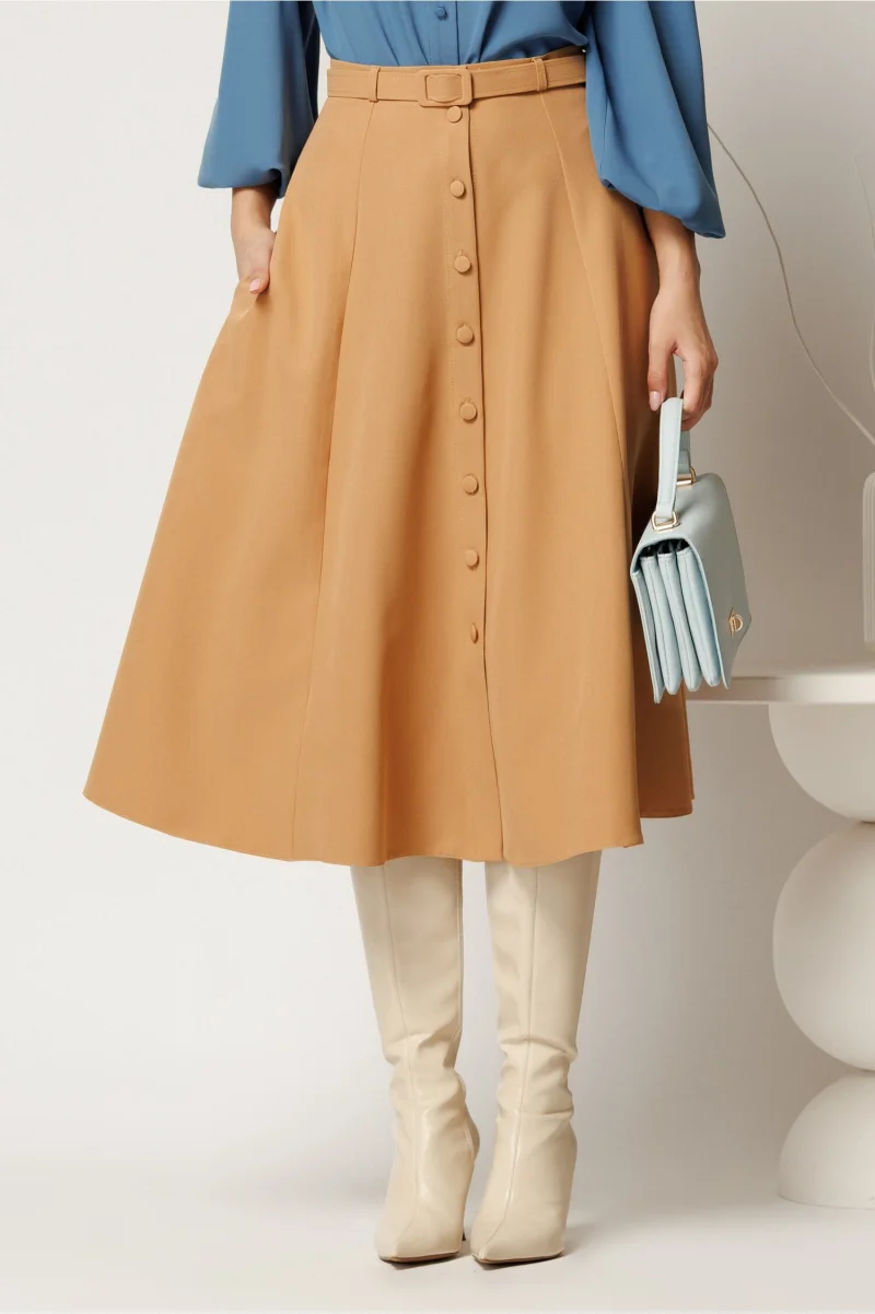 Fusta DY Fashion midi camel cu nasturi si curea in talie