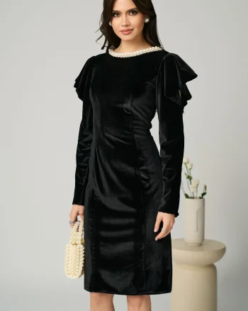 Rochie Ella Collection Linda eleganta din catifea neagra cu perle la decolteu