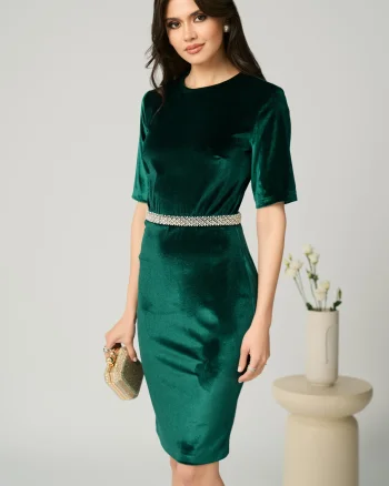Rochie DY Fashion eleganta din catifea verde cu perle in talie