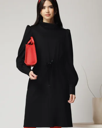 Rochie DY Fashion smart-casual din jerse neagra cu snur in talie