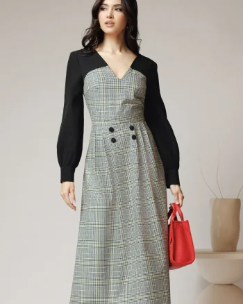 Rochie DY Fashion office din stofa alba cu imprimeu pepit si maneci negre
