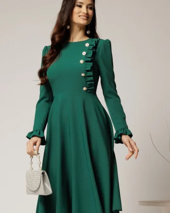 Rochie DY Fashion midi verde cu nasturi si volanase la bust
