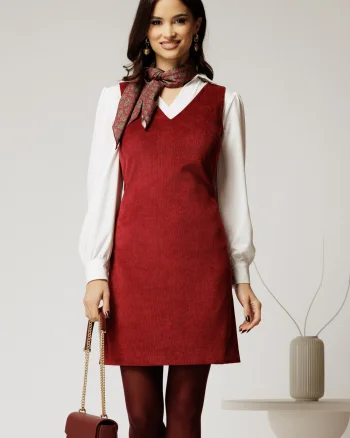 Sarafan DY Fashion din velur bordo cu decolteu in V