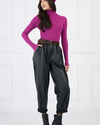 Pantaloni casual din piele ecologica negri cu buzunare si curea in talie