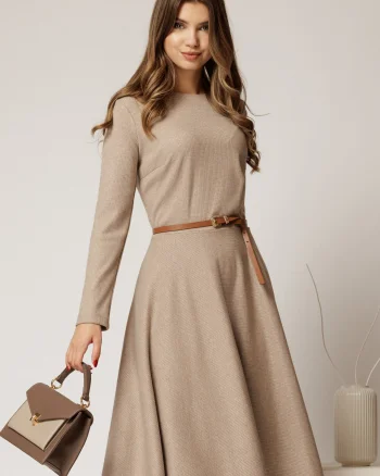 Rochie DY Fashion din tricot beige cu curea subtire si fusta clos