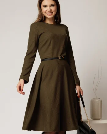 Rochie DY Fashion din tricot kaki cu curea subtire si fusta clos