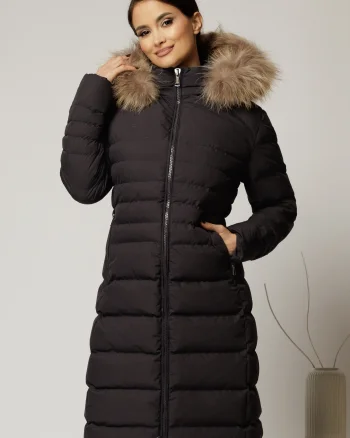 Geaca dama midi neagra din fas cu gluga detasabila