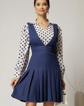 Sarafan DY Fashion albastru din stofa cu pliuri si decolteu adanc