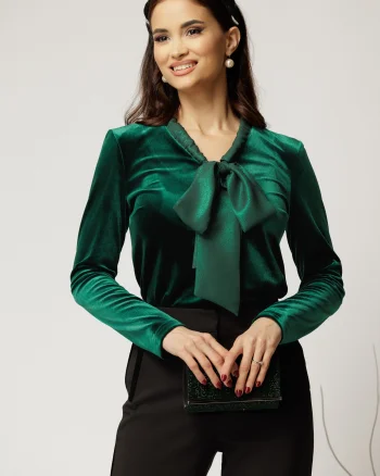 Bluza verde din catifea cu guler esarfa