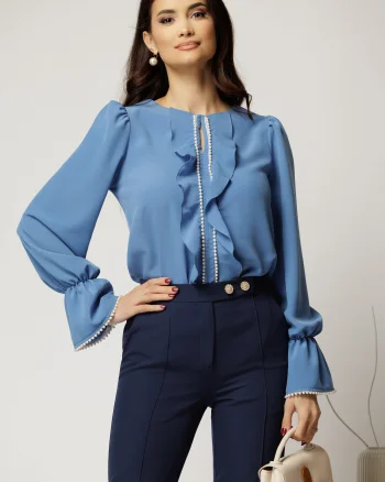 Bluza DY Fashion albastra cu volanase si perle elegante din voal plin