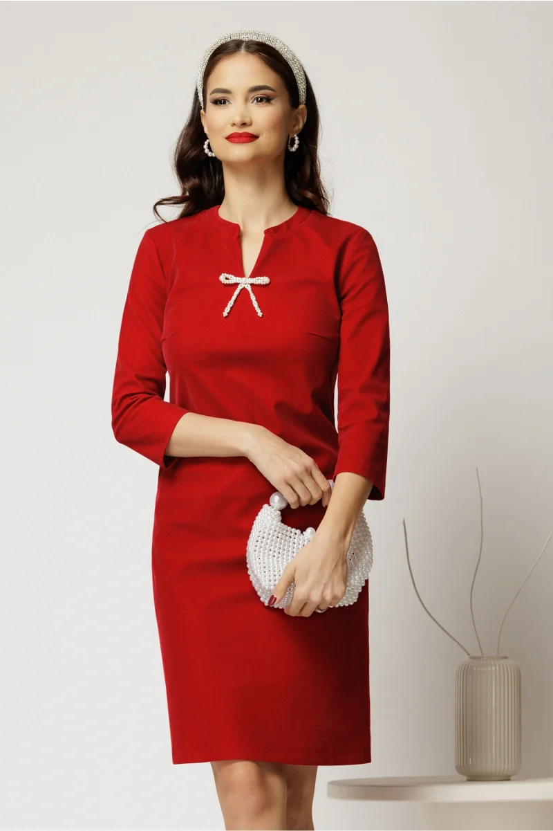 Rochie DY Fashion scurta bordo din catifea fixa cu funda perla