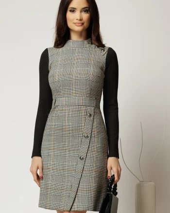 Rochie scurta in carouri gri cu nasturi pe fusta