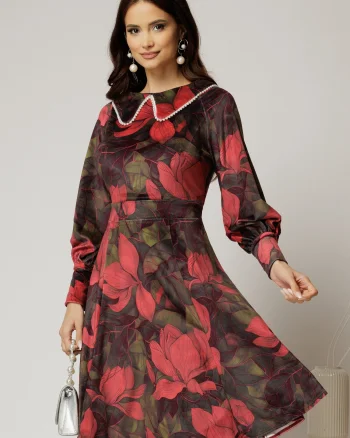 Rochie DY Fashion din catifea cu print rosu si perle la guler