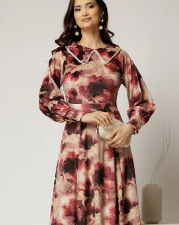 Rochie DY Fashion din catifea cu print grena si perle la guler