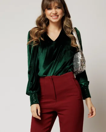 Bluza DY Fashion din catifea verde cu mansete din paiete si decolteu in V